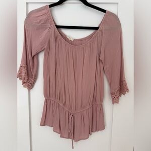 Boho Off Shoulder Blush Peasant Top Waist Tie Crochet Sleeve Blouse